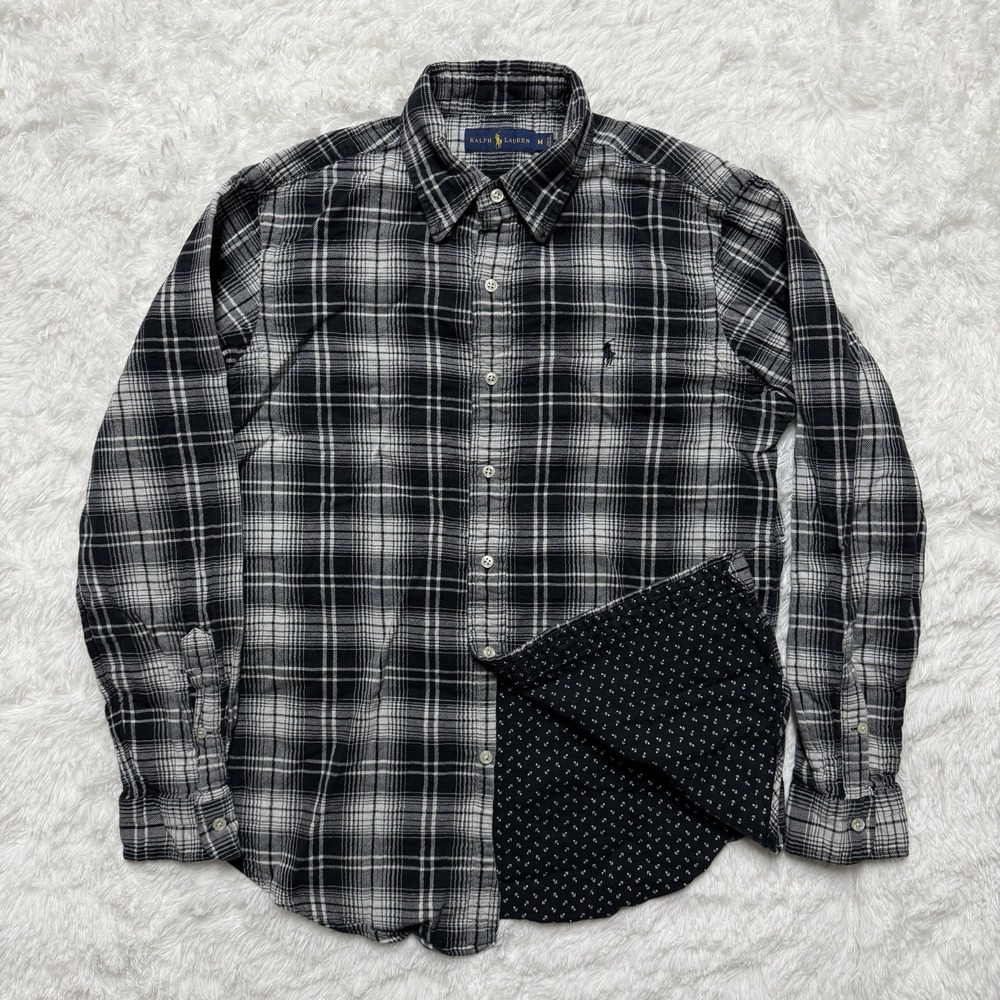 Ralph Lauren Shirt Mens Medium Gray Plaid 100% Cotton Flannel Pony Preppy Casual